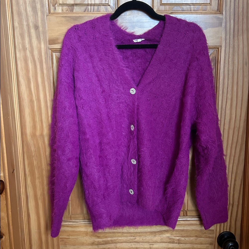 JODIFL Fuzzy Magenta Cardigan Sweater